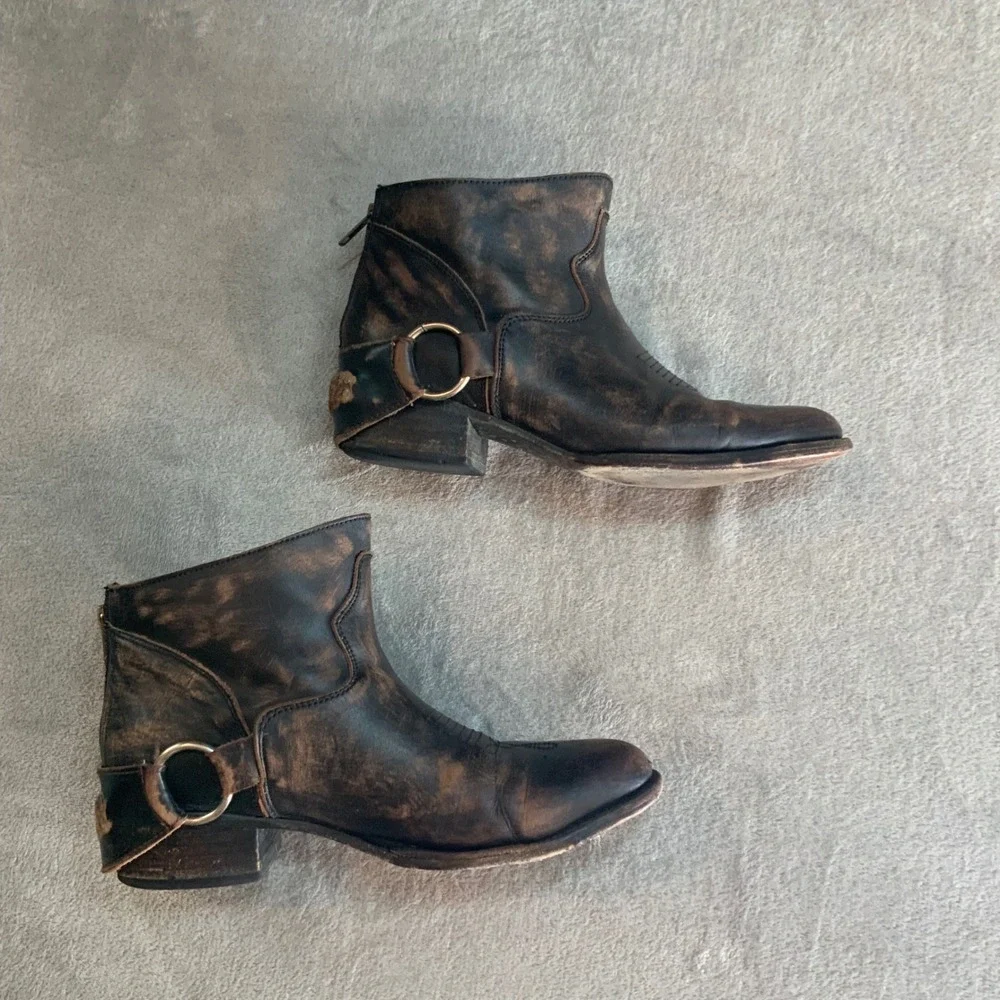Freebird by Steven Hotel Distressed Brown Leather Harness Ankle Boots Womens 10